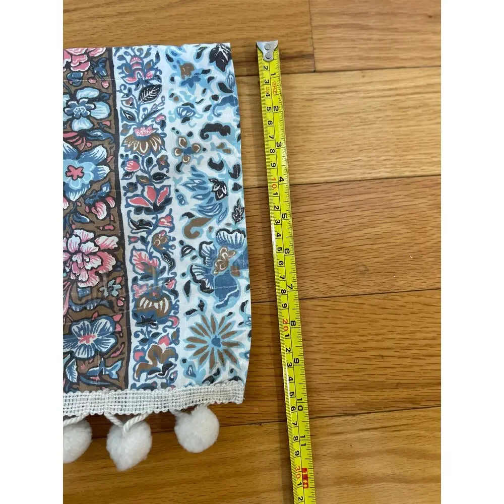 Handmade Pink Blue White Block Print Boho Floral Pom Pom Window Valance 34x11